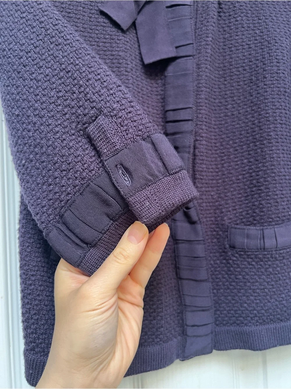 EUC Ann Taylor Plum Knit Cardigan with Neck Bow and pockets size medium - Picture 5 of 9